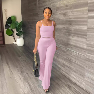 Summer Crop Top Causal 2 <span class=keywords><strong>Piece</strong></span> Set Flare Leggings Pants Set Custom Lounge Wear Sets Women - Product Image 5