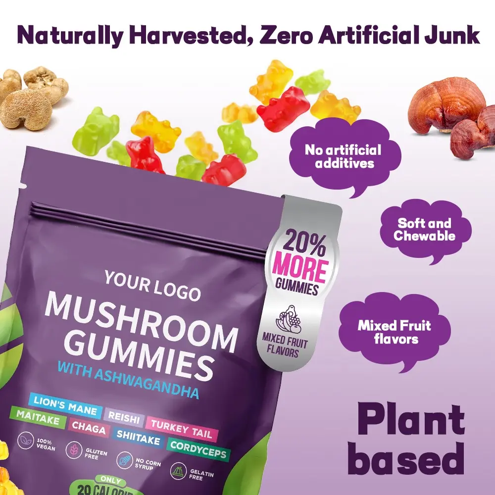 OEM/ODM jamur Gummies: jamur nootropik otak suplemen untuk Vegan singa MANE REISHI CHAGA