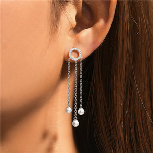 CANNER S925 Sterling Silver Pearls Tassel Lines Zircon <b>Stud</b> <b>Earrings</b> 18K Gold Plated Tassel <b>Chain</b> Engagement Party - Product Image 5