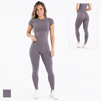 Ensemble de yoga sans couture pour femmes, 2 pièces, haut à manches courtes, leggings taille haute avec effet ventre plat, respirant, tenue de sport pour la salle de gym