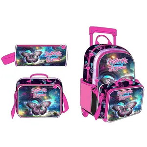 High Capacity Butterfly Pattern Student Trolley Bags Waterproof 3 in 1 Set Kids Fashion Daily School Trolley Backpack