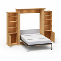 Lit mural moderne Queen/King Size en bois avec bureau intégré, cadre en acier inoxydable, tête de lit éclairée, rangement gain de place, pliable