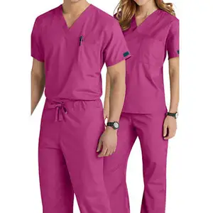 Wasbare Stretchy Modieuze Katoen Donker Roze Moss Verpleegkundige Scrubs Voor Vrouwen En Mannen Fashional Verpleging Scrubs