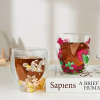 Nouveau design 300ml tasse en céramique à double paroi en borosilicate tasse à motifs de fleurs sèches