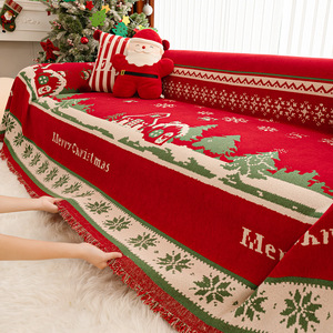 Roter Festlicher Weihnachtsmuster Chenille-Sofabezug Ohne Reißverschluss Vollständig Umhülltes Sitzkissen & Decke - Product Image 4