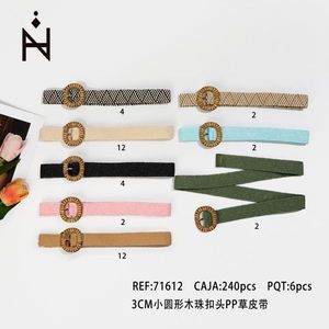 Cintura in Tessuto con Fibbia Rotonda in Legno da 3 Cm e Dettagli in Paglia PP - Product Image 2