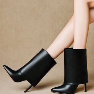 Solid Folding Design Pointed Toe Booties for Women Thin High Heel Slip-on Short Shoes Fashion Western Plus Size 43 Ankle <b>Boots</b> - Product Image 2