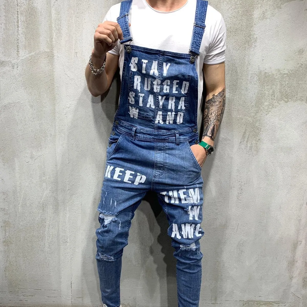 Jumpsuit Jeans Sobek untuk Pria, Celana Denim Denim Ketat Kualitas Tinggi, Celana Suspender Pria