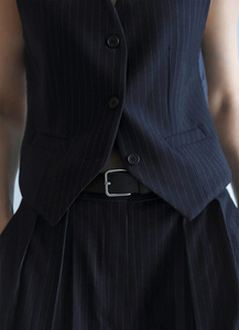 <span class=keywords><strong>Chaleco</strong></span> de Traje a Rayas Azul Marino a Medida, <span class=keywords><strong>Chaleco</strong></span> Formal con Cierre de Botones y Cinturón Ajustable - Product Image 3