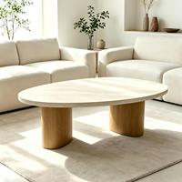 Table basse en travertin Wabi Sabi, plateau triangulaire irrégulier en pierre, base en bois massif courbée, table de salon moderne pour la maison