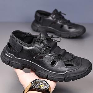 Men <b>Closed</b> <b>Toe</b> Mesh <b>Sandals</b> Flat Rubber Outsole Breathable <b>Summer</b> Casual Lace Up Shoes - Product Image 1