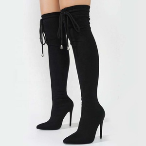 Women Stretch Over Knee High Boots Casual Stiletto Pointed Toe Front Lace up Elastic <b>Shoes</b> Leisure Long Booties - Product Image 2