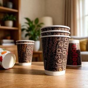 Gobelets à café jetables en papier à double paroi, isolés, écologiques, compostables, biodégradables, imprimés sur mesure, avec couvercles, 12 oz - Product Image 1
