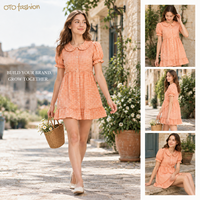 Robe mini à carreaux orange pour femme, col Peter Pan, manches bouffantes, ourlet à volants, boutonnée sur le devant, coupe trapèze, personnalisable OEM