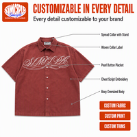 Chemise boutonnée à manches courtes coupe ample pour homme, style vintage délavé, col brodé, streetwear oversize, t-shirt court, personnalisable OEM