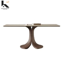 Table à manger moderne aspect marbre, base en bois, table à manger minimaliste en pierre, pieds en bois massif