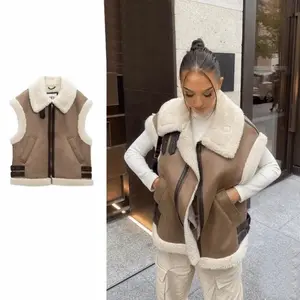 Hiver Nouveau Chic Polaire Vestes Dames Fourrure Stand Collar Zipper Sleeveless Fashionable Camel Biker Fur Puffer Vest Jacket Coat