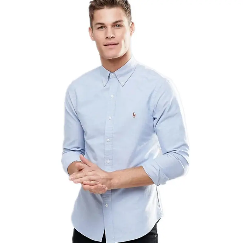 Custom embroidery fashion full sleeve shirts business casual Polo oxford Men's Shirts in slim fit blue