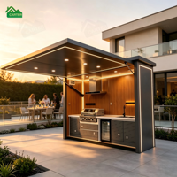 Cuisine extérieure modulaire noire avec barbecue à gaz Kamado, boîte de cuisine extérieure enroulable avec toit, gaz naturel