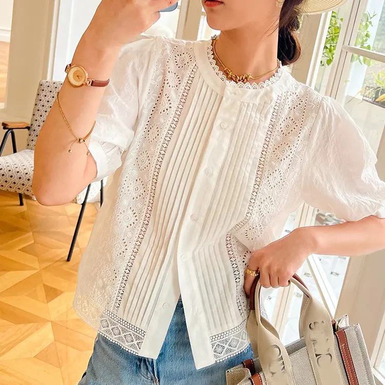 2023 Wholesale See-through Lace Applique Simple Shaped Elegant Women Shirt High Quality Summer Women Button Up Blouse