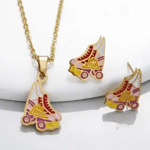 Fashion Jewelry Stainless Steel Enameled Roller Skating Shoes Necklace Earring Jewelry Set
