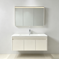 Rak Dinding Kamar Mandi Kayu Solid Modern 100cm dengan Panel Kristal Karbon, Wastafel Keramik 50cm, dan Kabinet Cermin LED Sensor Pintar