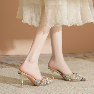 6776-3 Mules de tela con lentejuelas y punta puntiaguda, zapatos de mujer con pedrería, estilo veraniego, sin cordones - Product Image 2