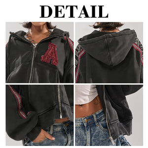 Sweat à capuche unisexe KingSen vintage délavé avec fermeture éclair, patchs brodés numériques 3D, sangles élégantes sur les manches, coupe décontractée streetwear - Product Image 6