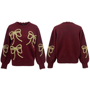 Elegante Maglione da <span class=keywords><strong>Donna</strong></span> <span class=keywords><strong>Bordeaux</strong></span> con Fiocco Dorato 3D Applicato, Ricamo e Collo a V Arricciato, Pullover Lavorato a <span class=keywords><strong>Maglia</strong></span> - Product Image 4
