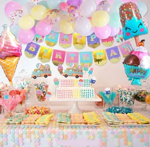 생일 축하 배너와 아이스크림 풍선 화환 아치 키트 아이스크림 생일 파티 장식 용품 아이스크림 케이크 토퍼