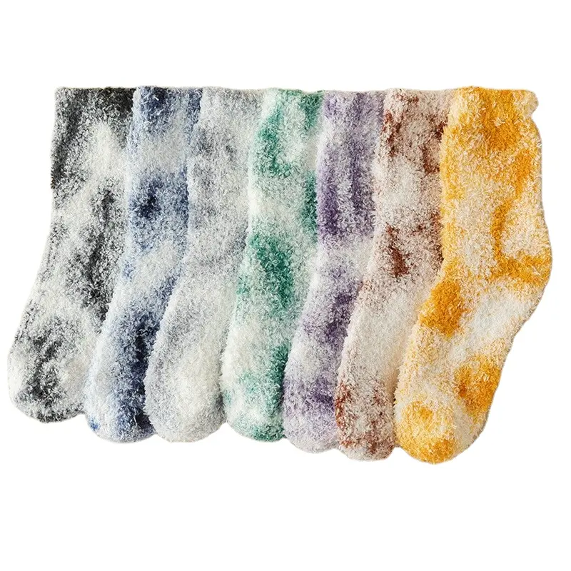 Winter coral velvet women tie dyeing half fleece cozy addensare calzini caldi per dormire a casa