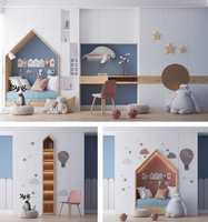 Approvisionnement en gros : Lit bateau pour chambre d'enfant, décor nuage, thème bleu-blanc, espace d'étude, rangement pour jouets en peluche
