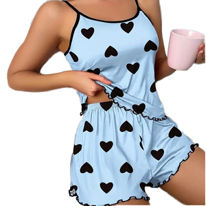 Venta al por mayor verano sin mangas Top pantalones cortos arco estampado 2 piezas niñas ropa de dormir leche seda Casual mujer Pijamas conjunto - Product Image 1
