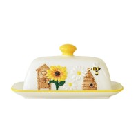 Pot à beurre carré en céramique avec couvercle, motif tournesol et abeille en relief, design frais et mignon, pour la cuisine