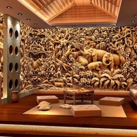 Décor mural 3D en relief en bois sculpté, motif famille d'éléphants Art Déco, nature morte jungle, pour spa thaïlandais, restaurant, décoration intérieure, décoration personnalisée