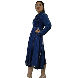 Jeans Denim Usine Jeans pour Femmes Revers Chemise en Denim <span class=keywords><strong>Bleu</strong></span> Robe Manches Longues Boutonnée <span class=keywords><strong>Grand</strong></span> Ourlet une Ligne Jean en Denim Moyen Robe pour Femmes - Product Image 6