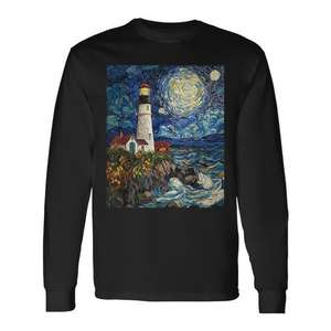 T-shirt en coton doux à manches longues avec motif de dessin animé Lighthouse Sea Graphic pour toutes les saisons - Product Image 1