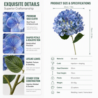 Tiges d'hortensias artificiels réalistes, 90 pétales, têtes en soie pour bouquet DIY, mariage, fête, décoration d'événements