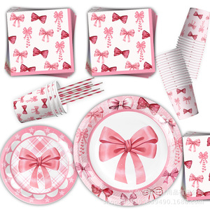 Kit de fournitures de fête avec nœud rose, assiettes jetables, gobelets, serviettes, fourchettes, cuillères, pailles pour la fête d'anniversaire des enfants - Product Image 2