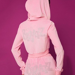 <span class=keywords><strong>Ensemble</strong></span> deux pièces en <span class=keywords><strong>velours</strong></span> corail pour femmes, sweat-shirt à capuche avec lettres et strass, style streetwear hip-hop décontracté, fermeture éclair, tenue de sport - Product Image 3