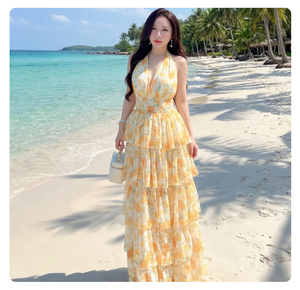 A-Line Women Casual Floral Chiffon Tiered Maxi <b>Dress</b> Halter Neck <b>Loose</b> <b>Summer</b> Sundress Breathable Beach Wear ODM Vietnam - Product Image 1