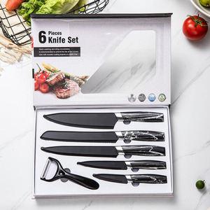 Ensemble de couteaux de chef professionnel <span class=keywords><strong>6</strong></span> pièces poignée en PP noir lames en acier inoxydable couteaux à viande tranchants cuisson marbrure revêtement antiadhésif - Product Image 6