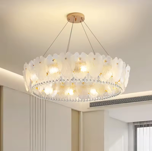 Zeal Lighting Modern <b>White</b> Glass Petal Crystal Chandelier LED Round Ceiling Light 2700K <b>Living</b> <b>Room</b> - Product Image 2
