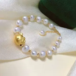 3D 925 Sterling Silver Kitty Cat Bracelet 7-8MM Natural Freshwater Smooth Baroque Pearl Bracelet Cute Pearl Jewelry