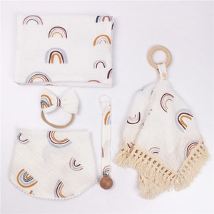 <strong>Baby</strong> Stuff for Newborn Burping Towel + Wooden Ring Soothing Security Blanket + <strong>Headband</strong> + Bandana Bibs + Pacifier Clips Holder - Product Image 1