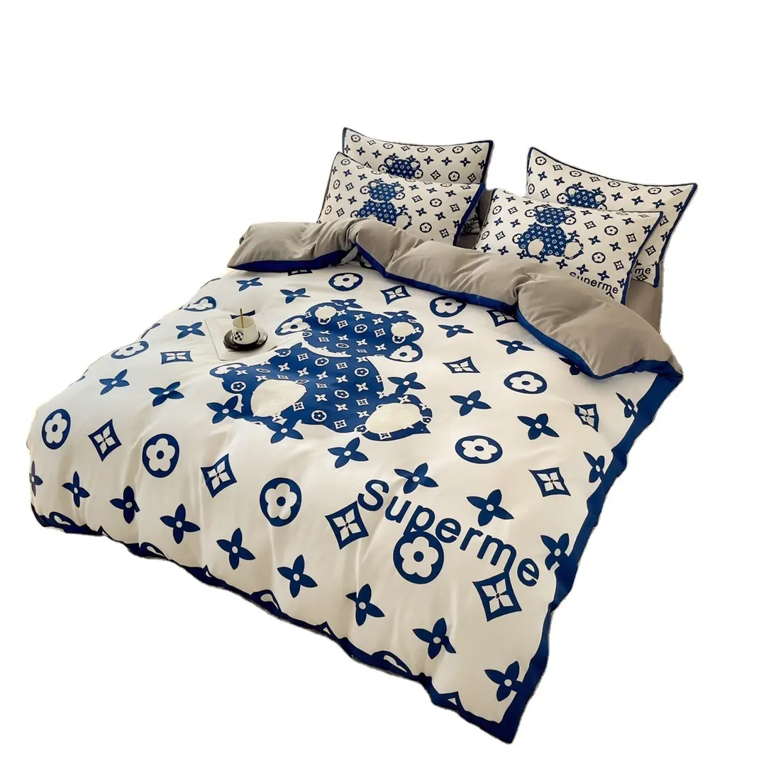 Brushed Cotton 4-In-1 Bedding Set Blue Queen Size Duvet Cover Bed Sheet Bedding Set