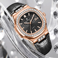 Montre de luxe étanche lumineuse en cuir pour femme, modèle BW8823, rectangulaire, or rose, avec calendrier et diamants, style dessin animé et pièce de monnaie antique
