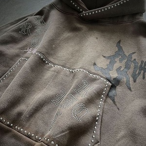 OEM Custom Rhinestone Studded Gothic <strong>Grunge</strong> Oversized Streetwear Sweatshirt Heavyweight Vintage Washed Brown Cropped <strong>Hoodies</strong> Men - Product Image 4