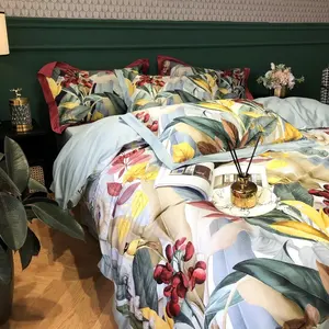 Set di biancheria da letto in cotone con piumino e lenzuolo in raso rosso stampato con piante di marca di fascia alta