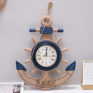 Mediterranean Style Anchor <b>Wall</b> <b>Clock</b> Wooden Ship Wheel <b>Silent</b> Battery Powered Living Room Home Decor - Product Image 3